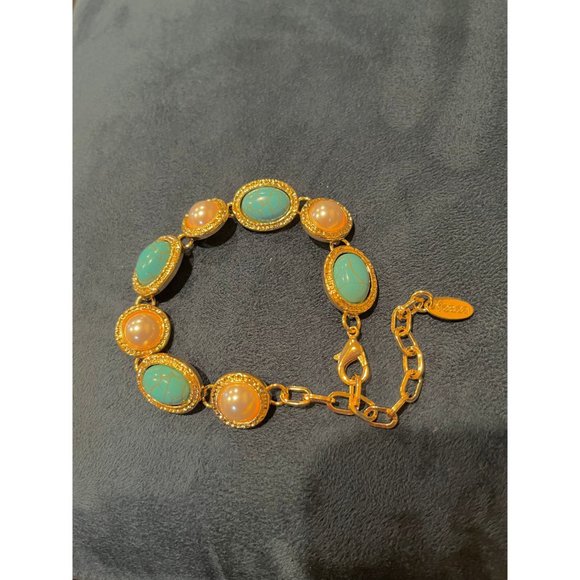 Golden bracelet blue Vintage style statement gold tone chunky round bracelet - Picture 3 of 5